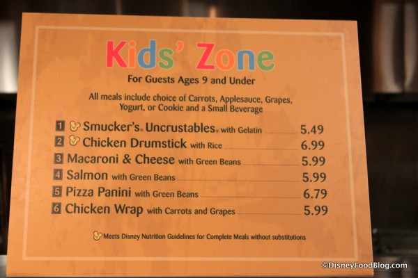 Kids Zone Menu -- Click to Enlarge