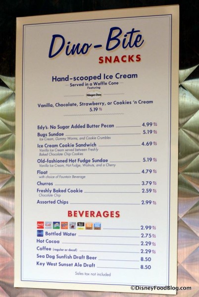 Dino-Bite Snacks menu