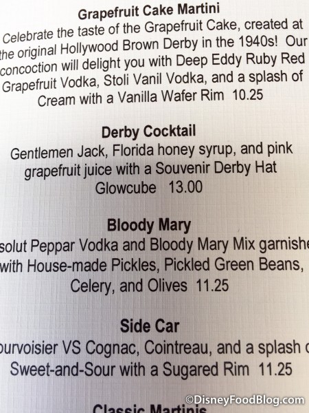 Brown Derby Drink Menu Featuring the Derby Cocktail