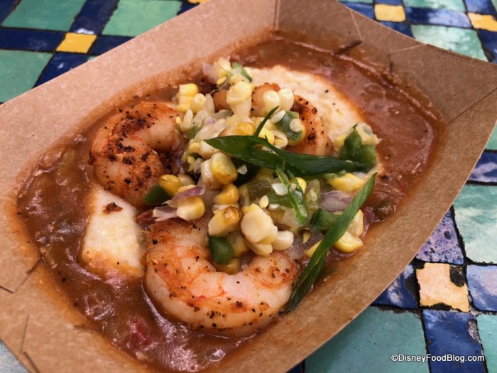 Spicy Blackened Shrimp and Stone-ground Cheddar Cheese Grits with Brown Gravy and Local Sweet Corn Relish