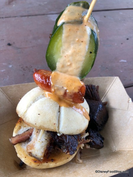 Beef Brisket Burnt Ends and Smoked Pork Belly Slider with Garlic Sausage, Chorizo, Cheddar Fondue and House-made Pickle