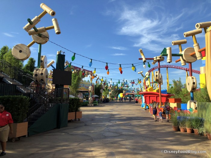 Christmas Lights hang above Toy Story Land