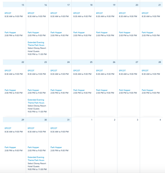 may park hours epcot disney world schedule calendar